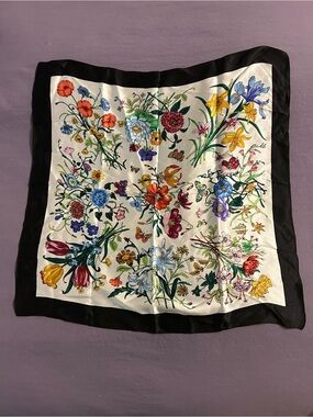 Floral Botanical Square Scarf with Black Border